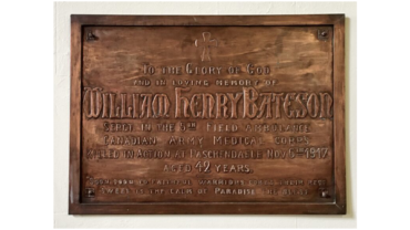 Bronze memorial plaque with a cross, honoring William Henry Bateson of the Canadian Army Medical Corps, killed at Paschendaele, Nov 6, 1917, aged 42.
