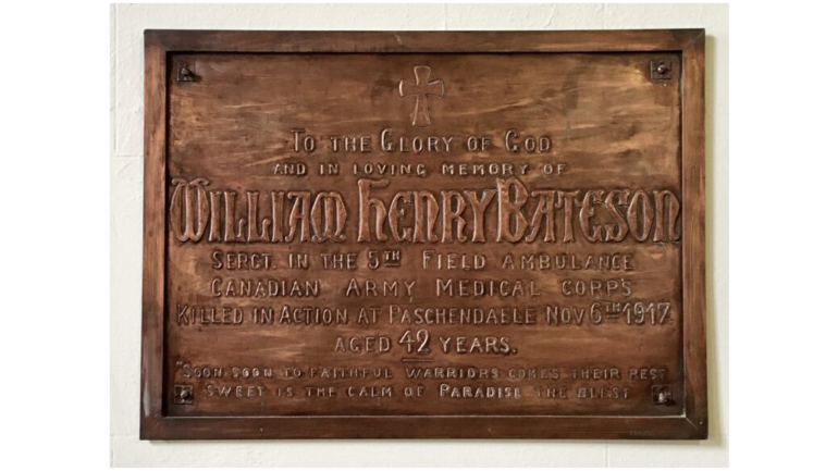 Bronze memorial plaque with a cross, honoring William Henry Bateson of the Canadian Army Medical Corps, killed at Paschendaele, Nov 6, 1917, aged 42.