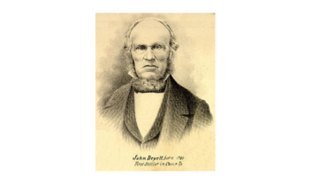 Sepia-toned engraved portrait of a bald, stern-looking man with sideburns in a dark suit, from a 19th-century illustration.