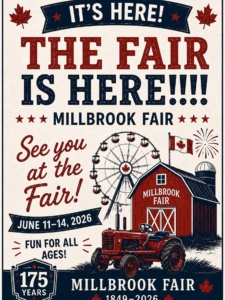 Poster for Millbrook Fair with a red barn, Ferris wheel, tractor, and Canadian flag; dates June 11–14, 2026; family-friendly fun poster art.